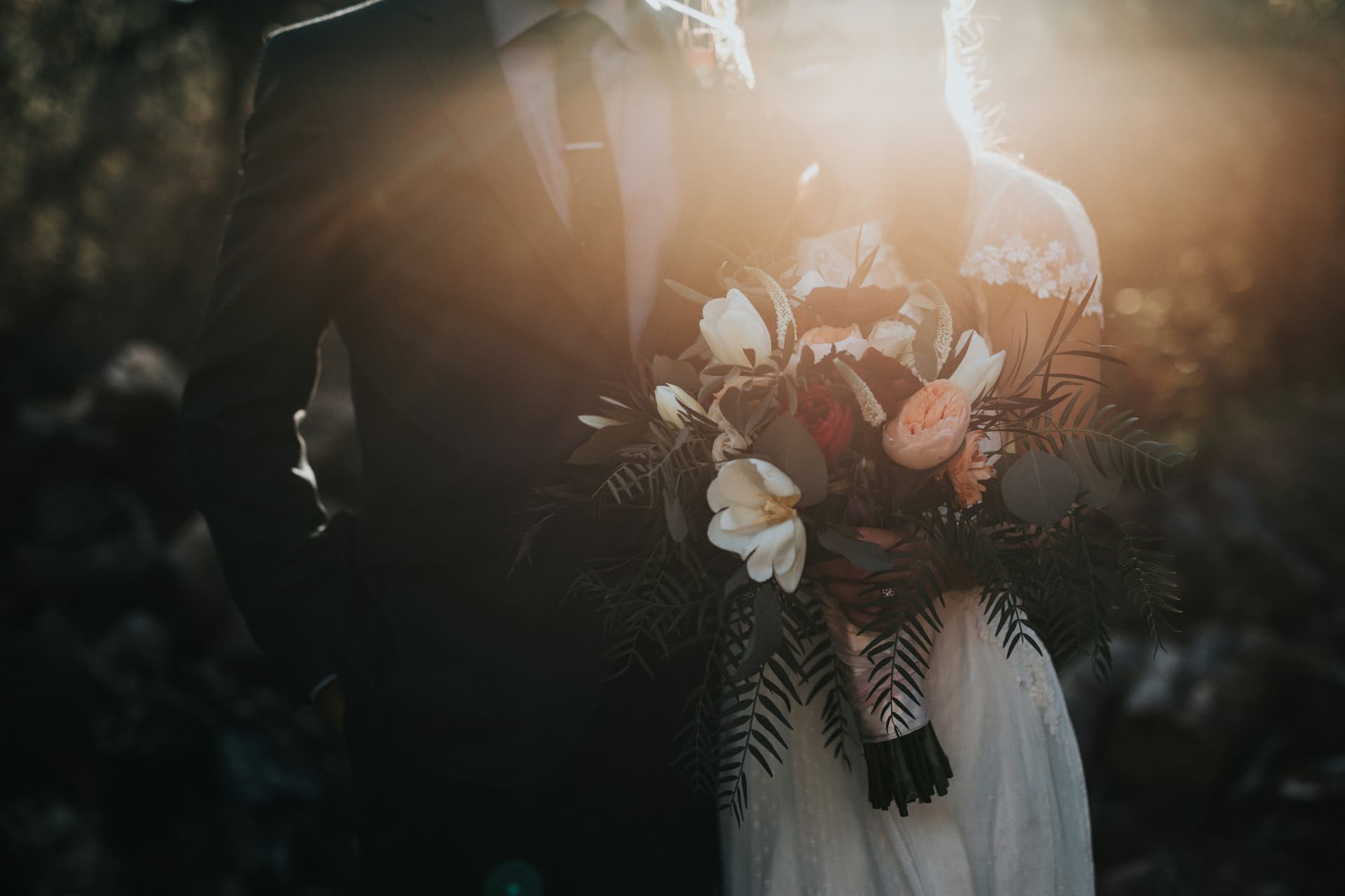 Bridal bouquet at sunset